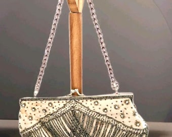 Bolso de mano estilo años 90, color crema y cobre, con cuentas y lentejuelas, estilo flapper de los años 20 / Bolso de noche art déco / Bolso estilo Gatsby