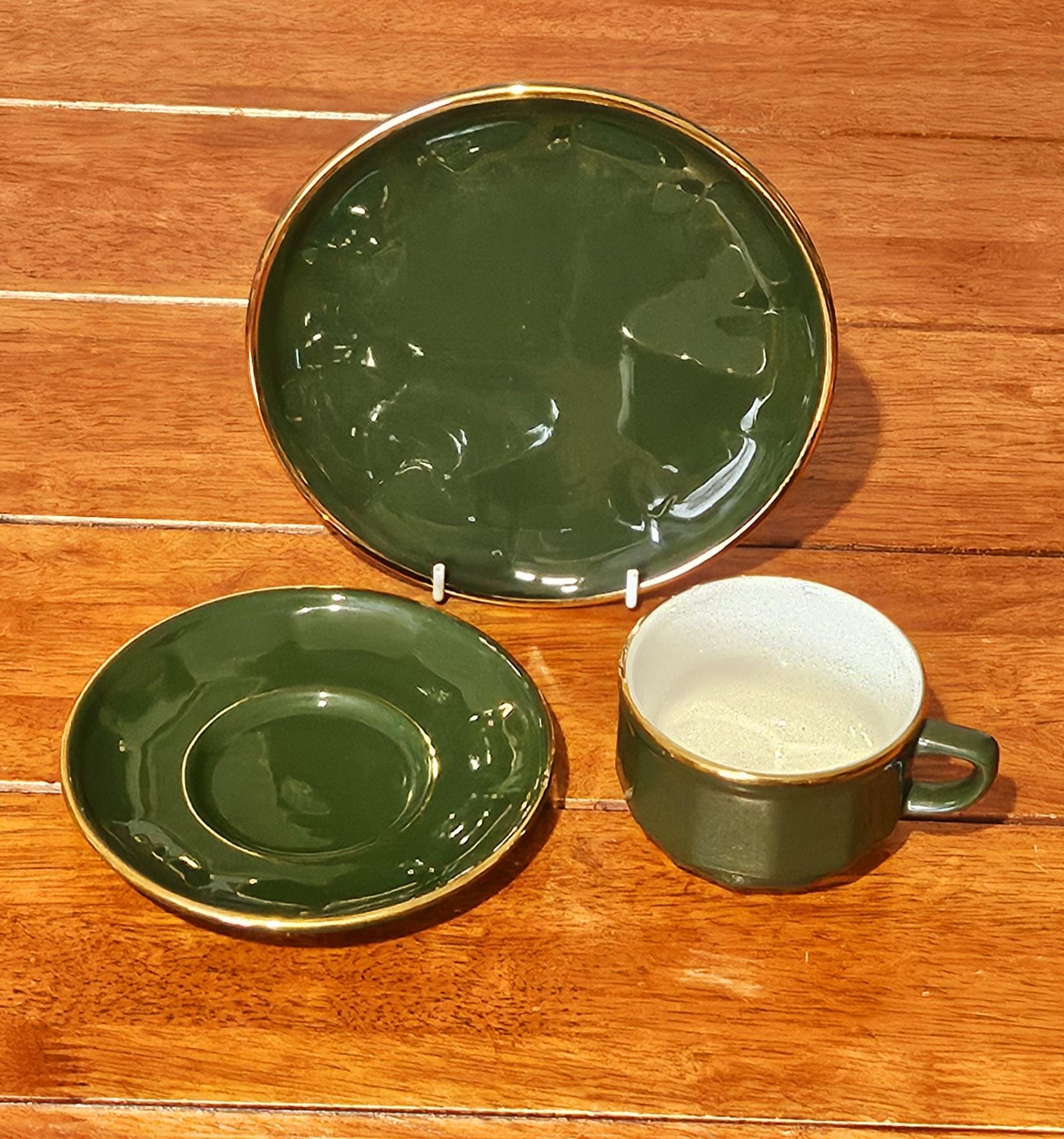 Apilco France Deshoulières Empire Green 22k Gold Set: 4 Trios
