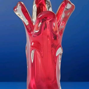 Vtg 70s Murano Style Heavy Art Glass Cherry Red Finger Vase with Ruffled Top