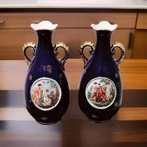 2 Antike Französisch Barock Kobalt Fragonard Porzellan Vasen Blau und Gold