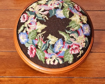 Antique Victorian Walnut Footstool, Floral Needlepoint Upholstered Tapestry Bun Feet, Small Round Ottoman Circa 1890
