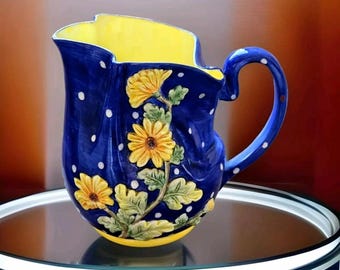 ヴィンテージ イタリア製 陶器 手描き ピッチャー 水差し 花瓶 青と