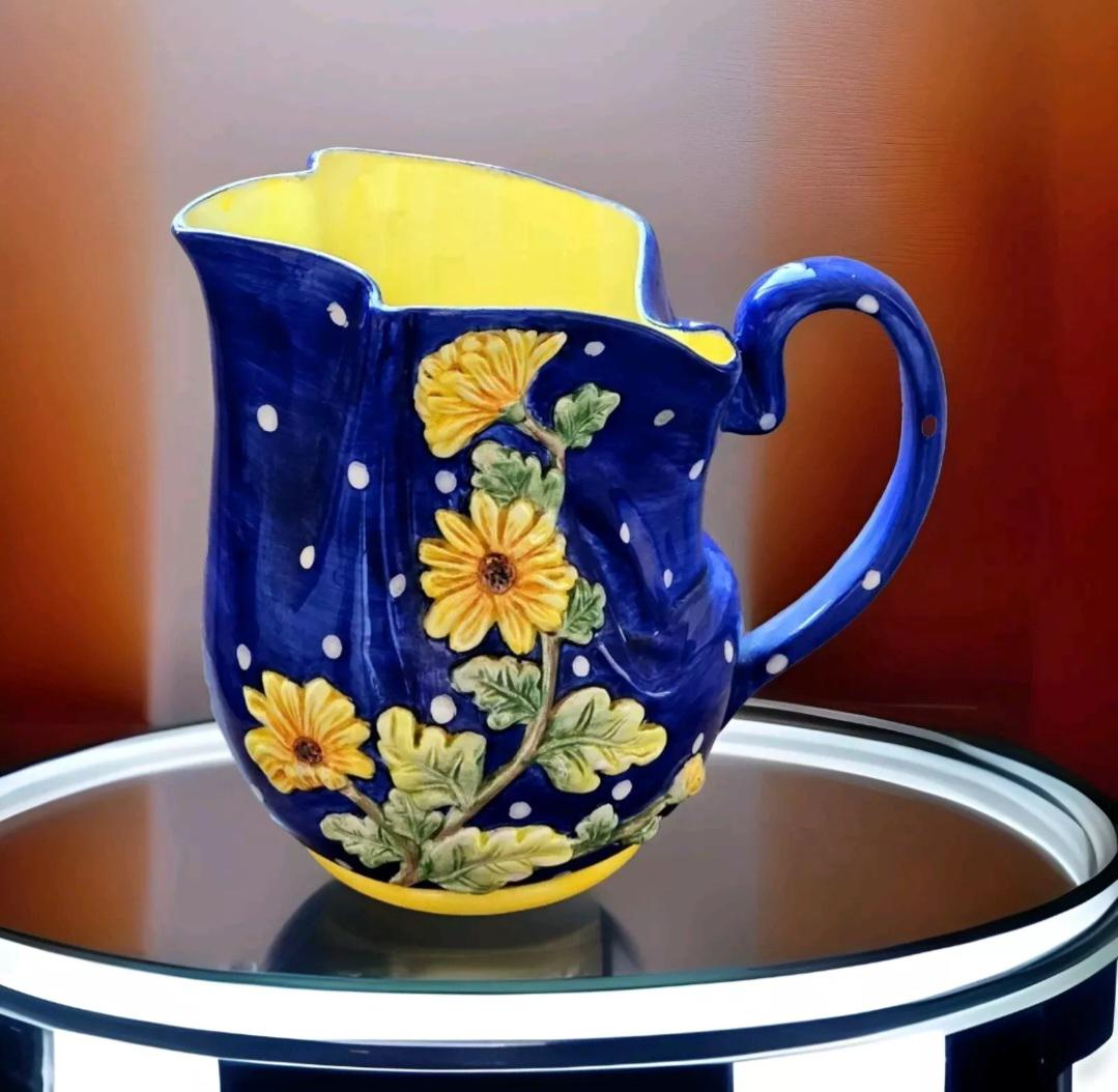 ヴィンテージ イタリア製 陶器 手描き ピッチャー 水差し 花瓶 青と