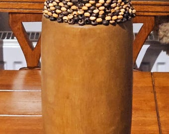 Vintage 49cm Handmade Beaded Wood African Tribal Vase • Ethnic Carved Decor