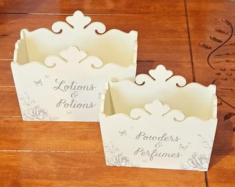 Vintage Pair of Decorative Wooden Storage Organizers – Lotions & Potions and Powders and Perfumes Bathroom or Boudoir Decor