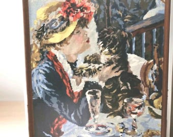 Tapiz vintage bordado enmarcado: Reproducción de «Mujer con perro» de Renoir