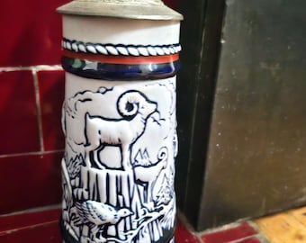 Boccale da birra vintage Avon: coperchio in peltro Rocky Mountain Goat, 1976