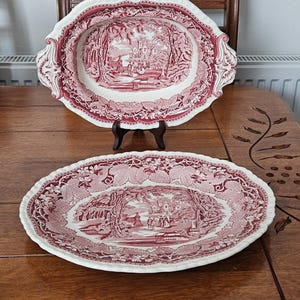 Antique Pair Of Large Mason's Ironstone Vista Pink Transferware Gadroom Edge Serving Platters Meat Turkey Platter /Roast Vegetables Platter