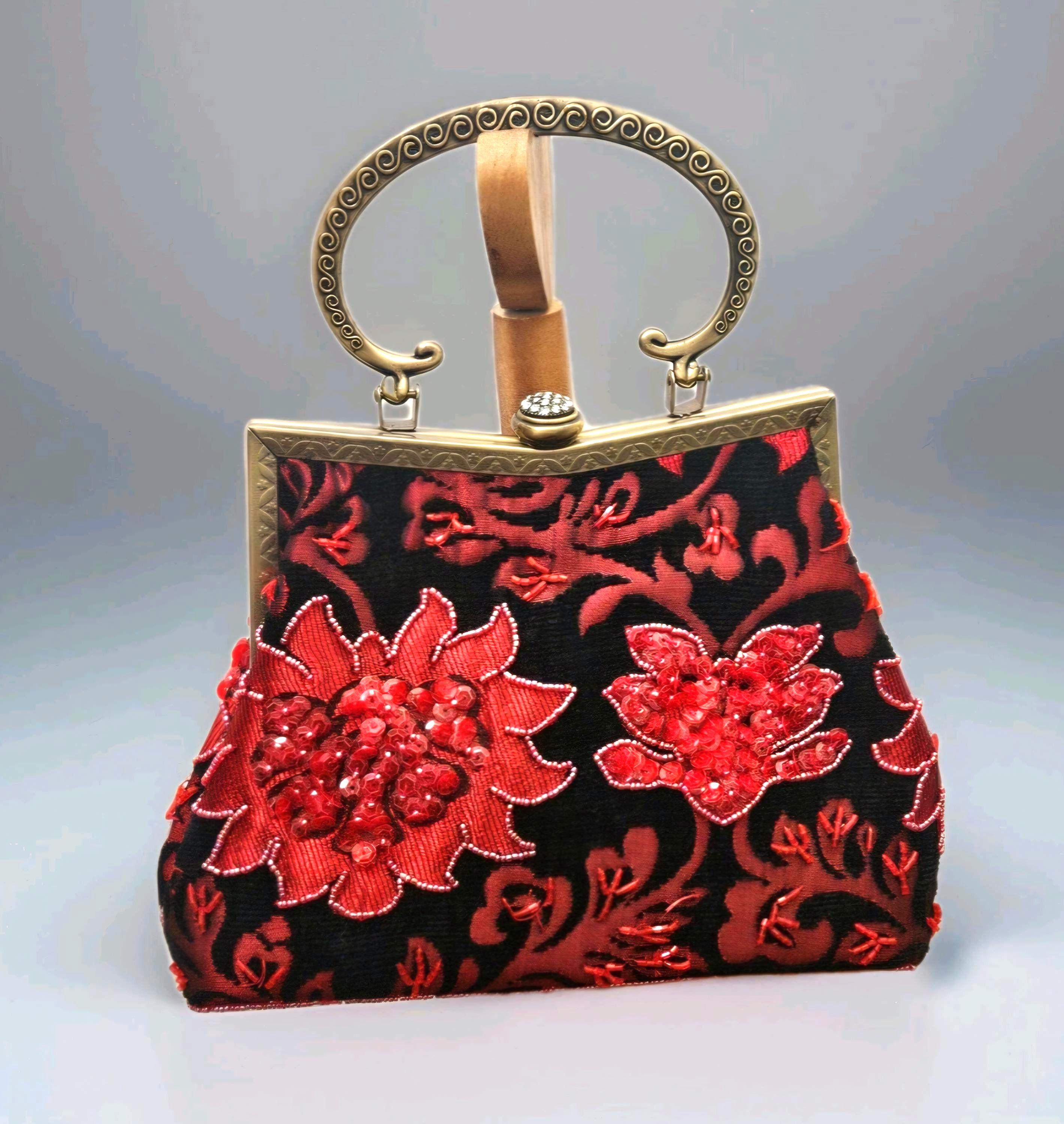 Vintage Beaded Evening Bag Leko London – Black Red Floral Bead