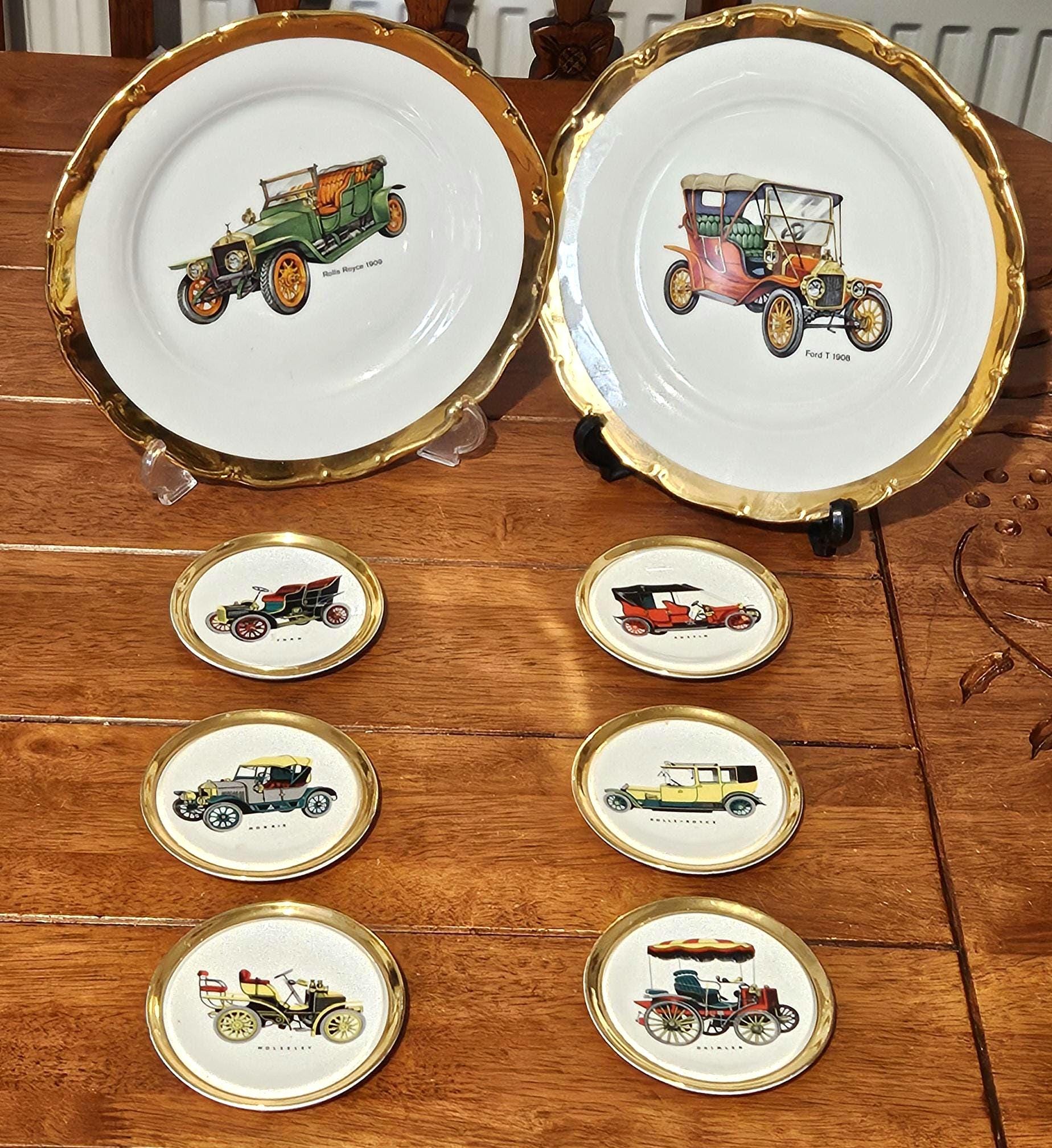 Vintage Antique Car 24k Gold Rim Plates and Coasters Set, Veteran