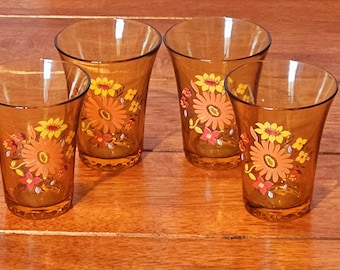 Vintage 1970s Amber Daisy Flower Power Glass Tumblers Set of 4 Retro Drinkware