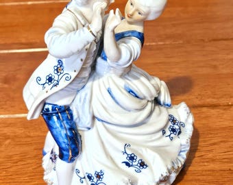 Vintage Victorian Couple Porcelain Figurine Blue White Gold Waltz