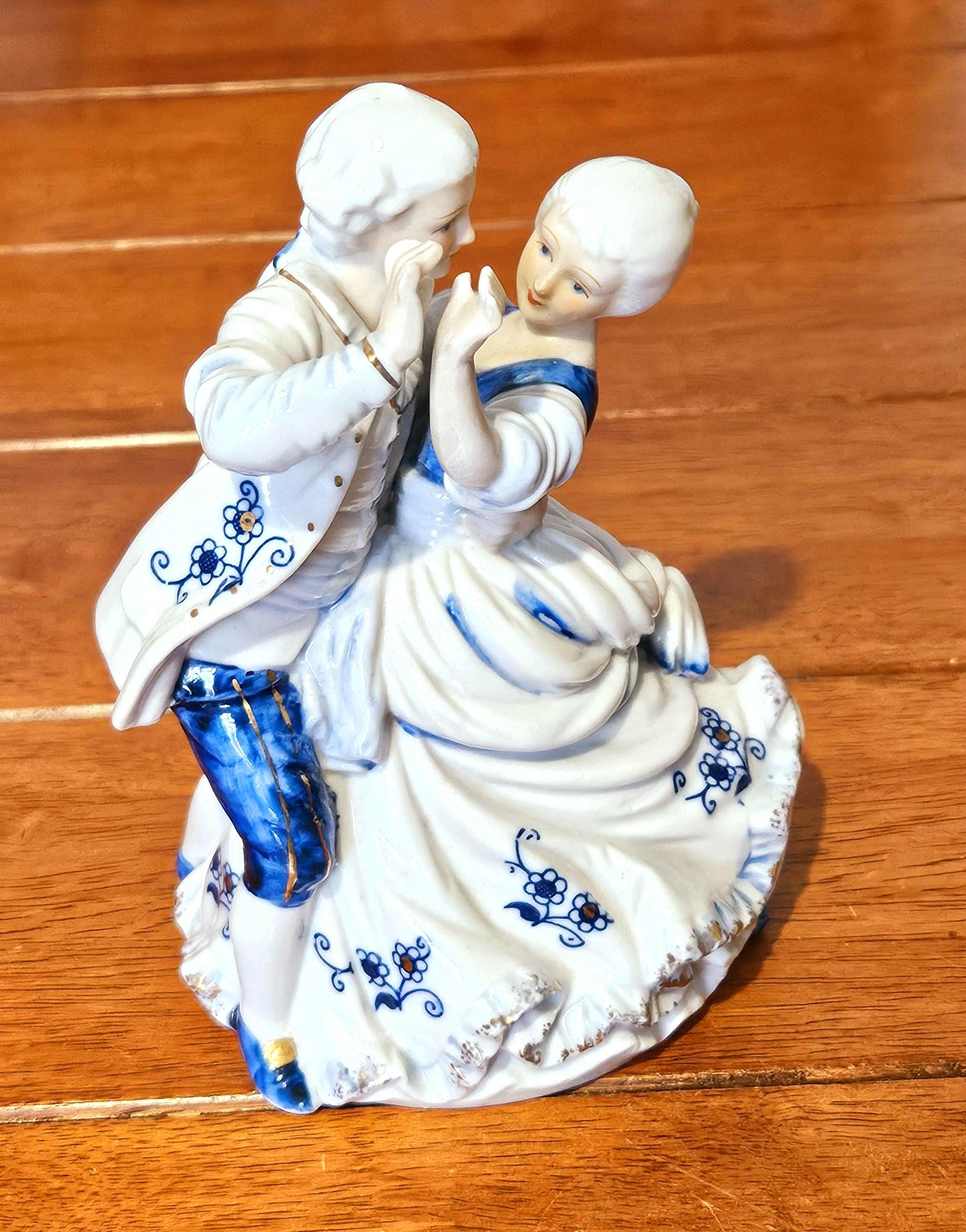 Vintage Victorian Couple Porcelain Figurine Blue White Gold Waltz