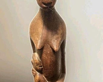 Vintage Hand Carved Hardwood African Female Tribal Figurine with Baby – 19cm Mother & Child Sculpture