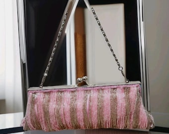 Vintage 90s Pink Sequined Evening Clutch with Chain Strap – Retro Party Purse, Wedding & Cocktail Bag