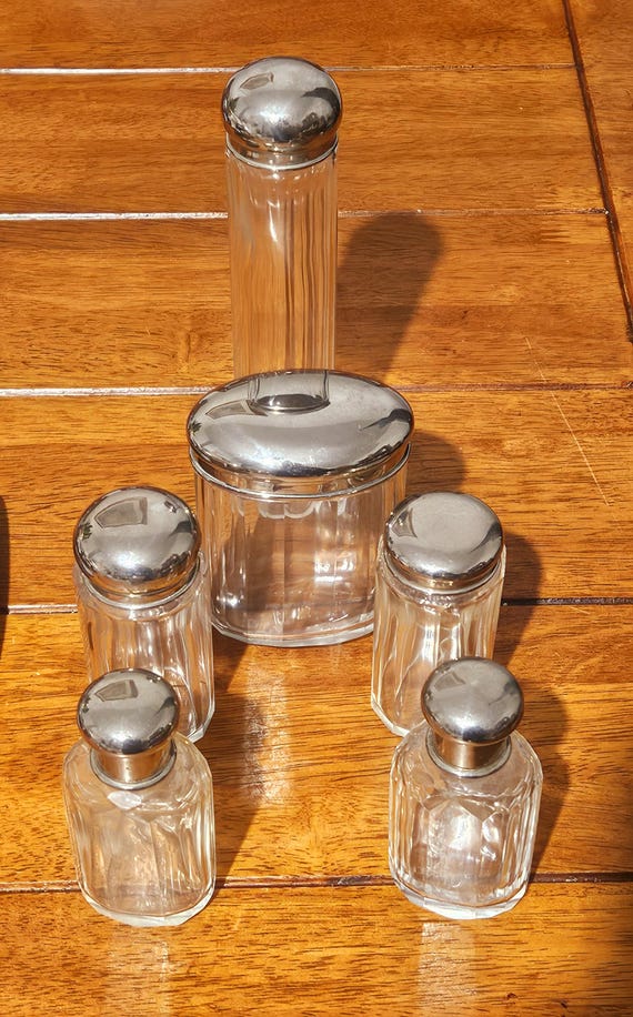 Vintage Art Deco Silver Plated Men’s Grooming Set – Glass Bottles, Brushes, Soap Dish c.1930s Marked R View 6