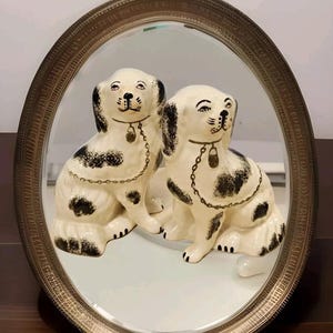 Antique Pair Of Staffordshire Dogs Figurines Male And Female in Cream & Black  Staffordshire Mantel King Charles Spaniel Dogs Fireside Dogs