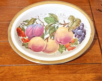 Frutero vintage de Staffordshire - Plato ovalado con diseño de rombos y borde dorado.
