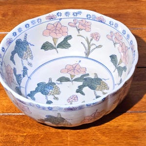 Antique Chinese Porcelain Bowl • Hand Painted Peony Floral • Large Decorative Vintage Bowl image 1