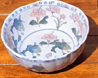 Antique Chinese Porcelain Bowl • Hand Painted Peony Floral • Large Decorative Vintage Bowl