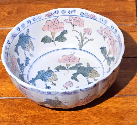 Antique Chinese Porcelain Bowl • Hand Painted Peony Floral • Large Decorative Vintage Bowl