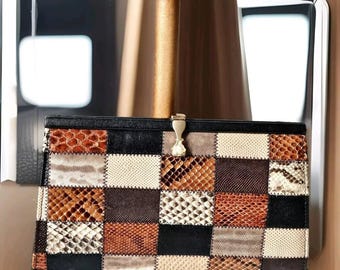 Unique  and Rare Patchwork Snakeskin Clutch Shoulder Bag 70's Leather Purse/ Snake Leather Chain