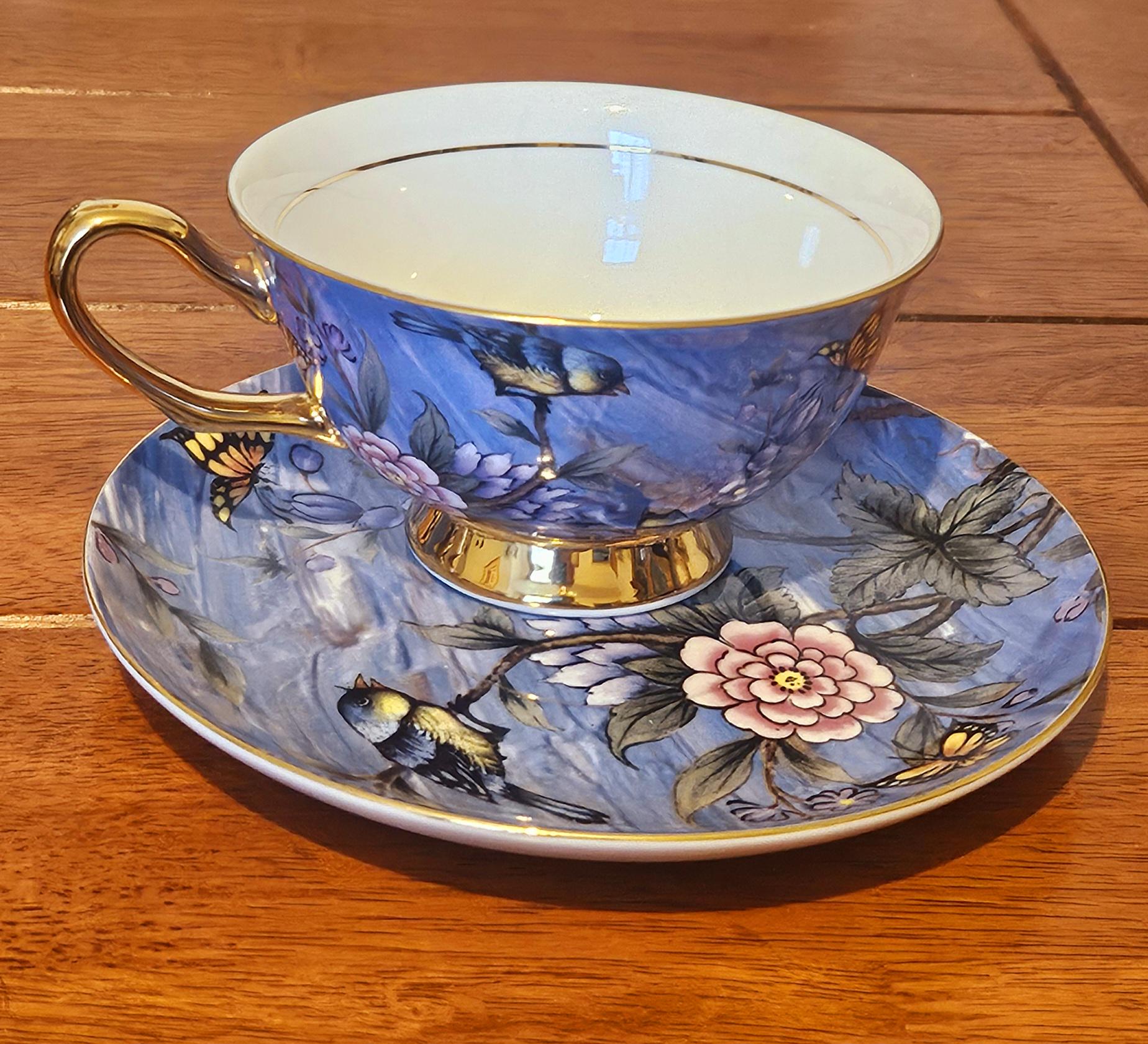 ロイヤルクラシックブルーバード＆バタフライボーンチャイナ磁器ティー