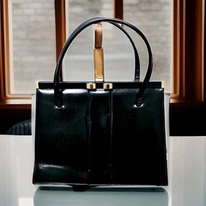 Vintage Jane Shilton Frame Bag: Black Patent Leather Clutch, Gold