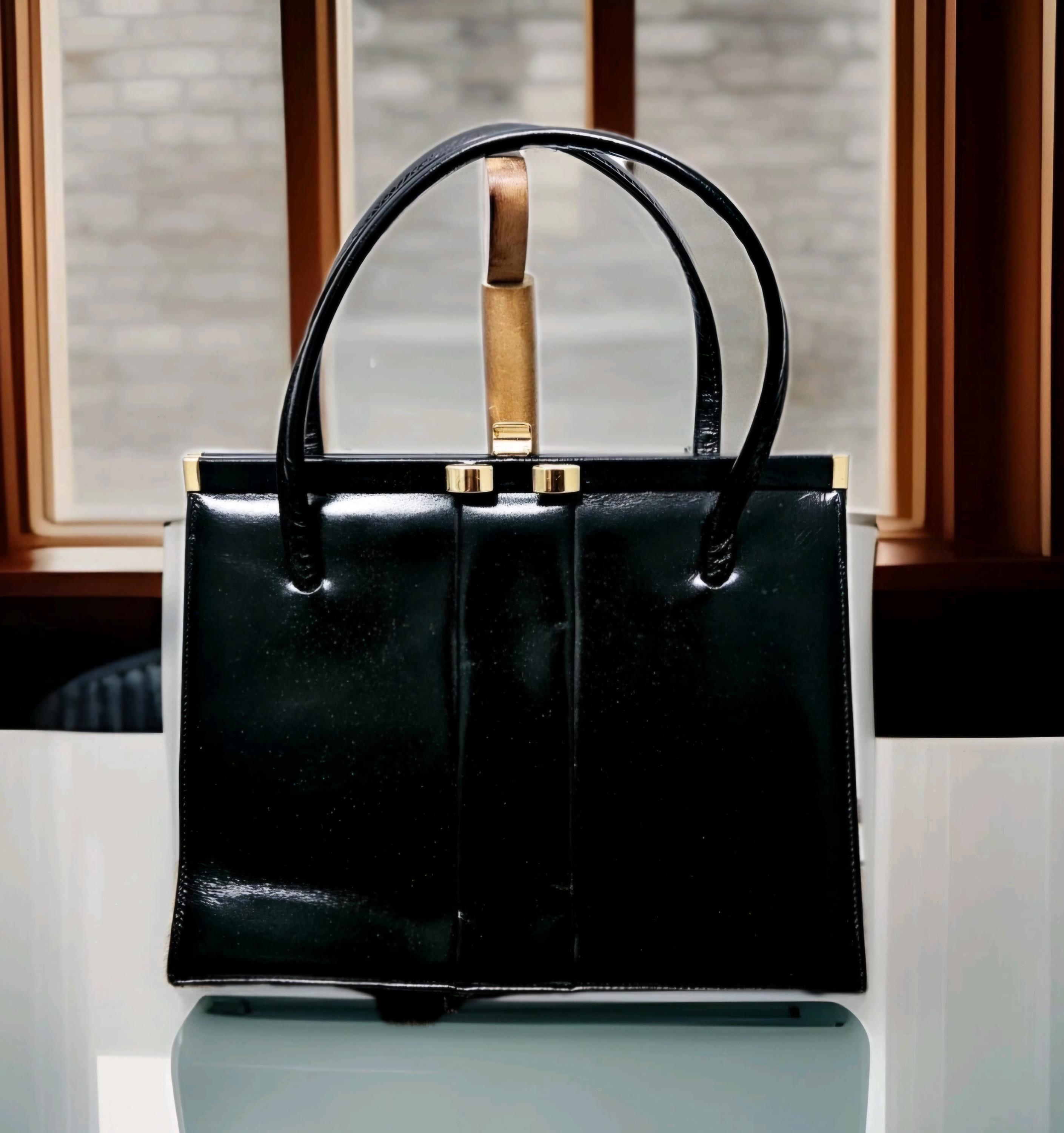 Vintage Jane Shilton Frame Bag: Black Patent Leather Clutch, Gold