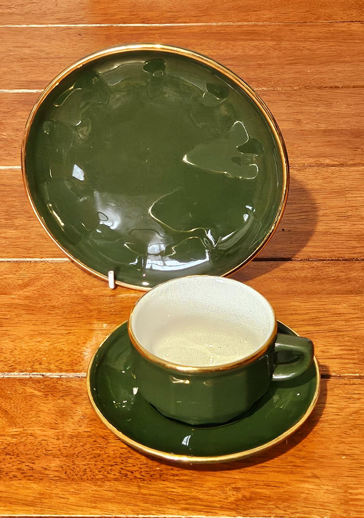 Apilco France Deshoulières Empire Green 22k Gold Set: 4 Trios