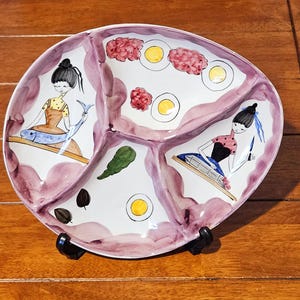 Vintage ELPA Portugal Divided Serving Platter, Mid Century Modern Whimsical Art Pottery Snack Tray, 1950s Alcobaca Ceramic Charcuterie Dish