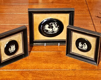 Vintage gerahmte Jasperware Style Plaques 3er Set, Schwarz und Weiß Klassische Cherub Wandkunst