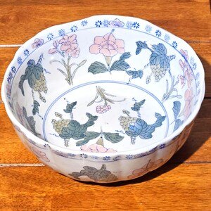 Antique Chinese Porcelain Bowl • Hand Painted Peony Floral • Large Decorative Vintage Bowl image 4