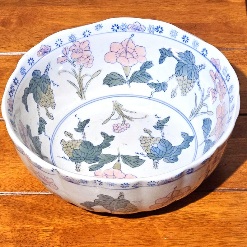 Antique Chinese Porcelain Bowl • Hand Painted Peony Floral • Large Decorative Vintage Bowl image 4