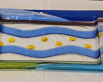 Art Glass Handmade Fused Glass Decorative Tray Blue Yellow Green Abstract Design