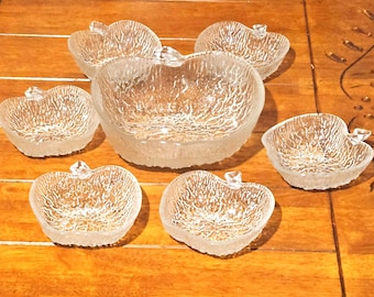 jaren 1970 Ravenhead Bark glazen appelschalen - set van 6 kleine + 1 grote, vintage fruitvormig glaswerk, zeldzaam verzamelobject