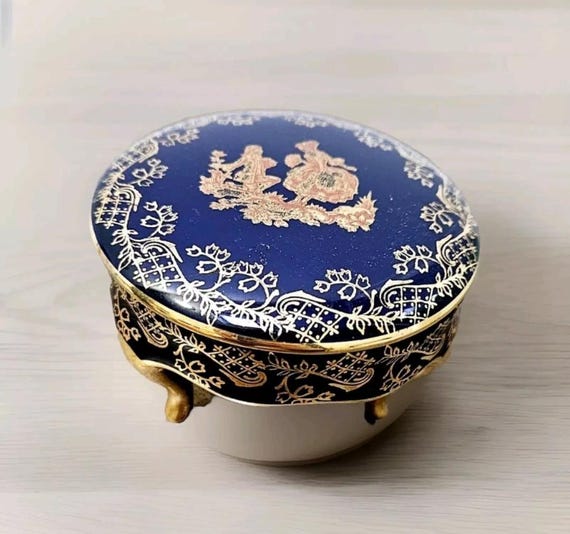 Vintage Limoges Porcelain Trinket Box: Cobalt Blue & Gold Courting