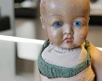 Antique Rare German Baby Doll With Blue Eyes  Porcelain Face And Cloth Body