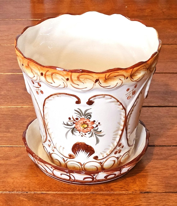 RCCL Portugal Hand Painted Ceramic Planter With Saucer Floral Pot 7 Inches  Tall Vintage Flower Pot Portuguese Pottery Decor - Etsy Israel