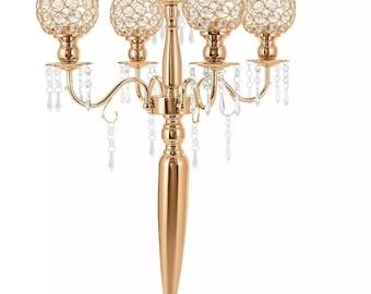 Candelabro de cristal de 5 brazos, centro de mesa, candelabros dorados, elegante soporte de metal para velas, centro de mesa para bodas