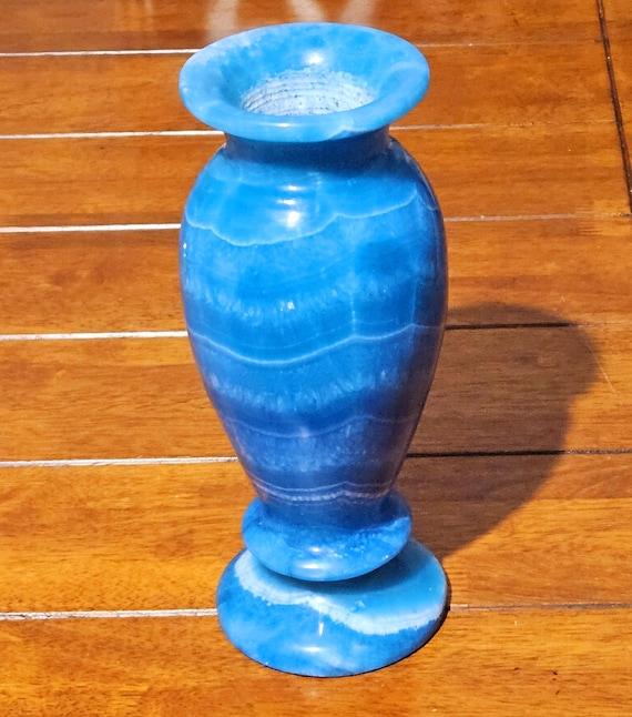 Egyptian Blue Dyed Calcite Alabaster Marbled Stone Urn-shaped Vase – Antique-style Decor