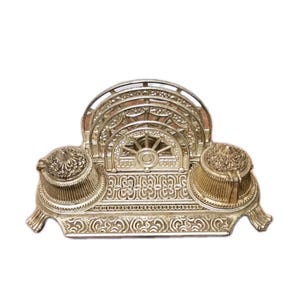 Antique French Ornate Double Inkwell Brass Filigree Cherubs Bearded Man Desk Pen Holder