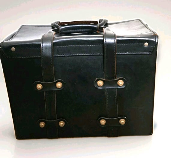 Vintage 60s Large Black Strong Real Leather Hard Case Camera Bag