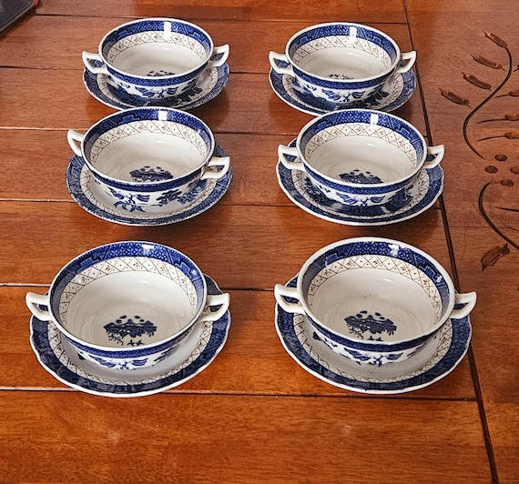 Vintage Booths Real Old Willow Blue & White Soup Bowl Set of 6