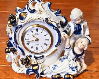 Vintage Telock Linden Porcelain Mantel Clock Alarm Blue White