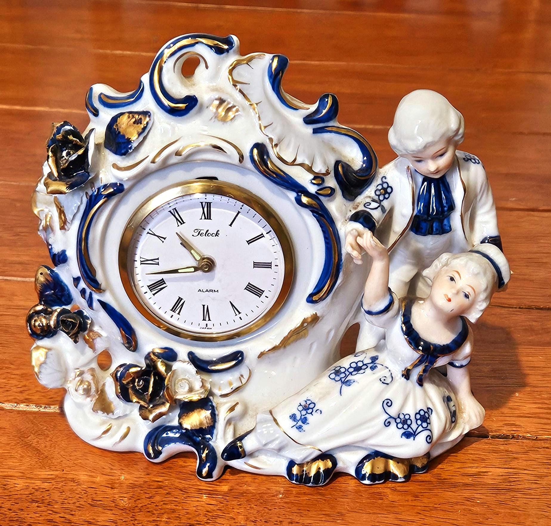 Vintage Telock Linden Porcelain Mantel Clock Alarm Blue White