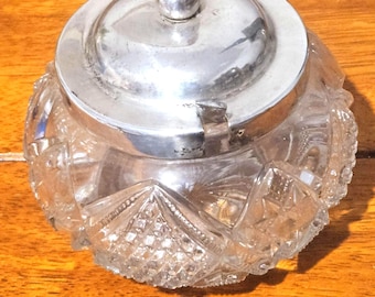 Antique Cut Glass Sugar Bowl with Silver Plated Lid and Spoon Vintage Tableware
