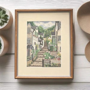 Fertiges Clovelly-Kreuzstichbild mit Rahmen – Wandbild aus einem Dorf in Devon