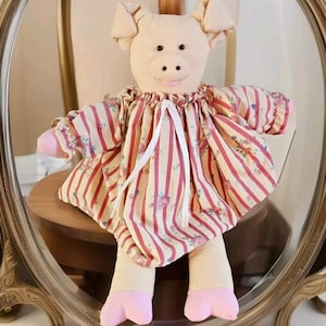 Vintage Homemade Collectable Artisan  Girly Pig In Pink Floral Dress