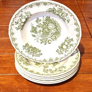 Set of 6 Pristine Mason’s Ironstone Green Fruit Basket Rimmed Soup Plates Never Used Vintage English Transferware 9 Inch Shallow Pasta Bowls